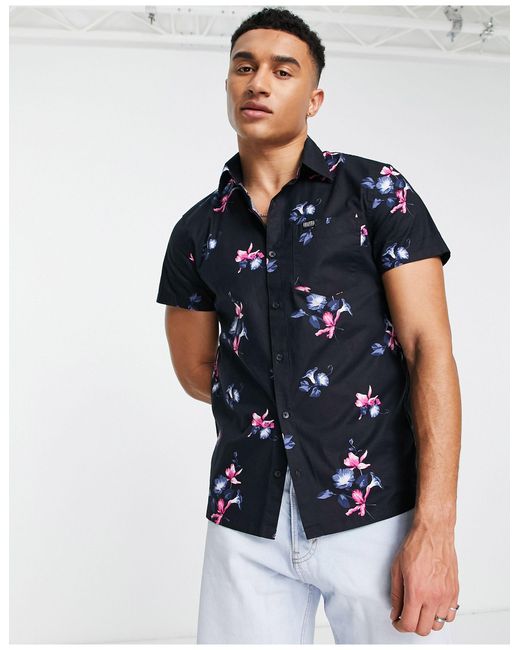 Hollister Black Slim Fit Floral Print Short Sleeve Shirt for men