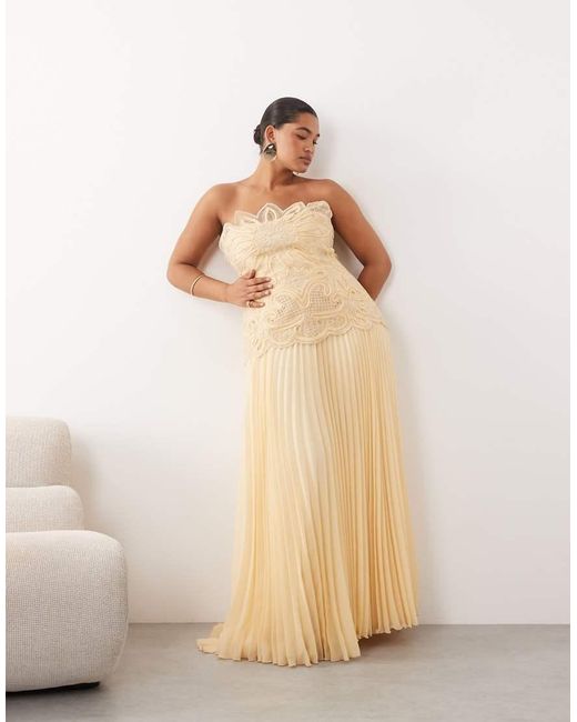 ARRANGE Natural Curve Abstract Cutwork Bandeau Maxi Dress With Pleat Skirt