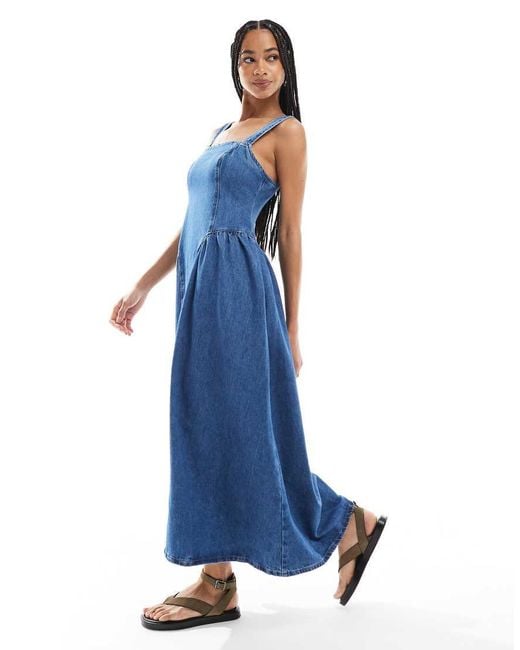 ASOS Blue Denim Midi Dress With Side Bustle Panels