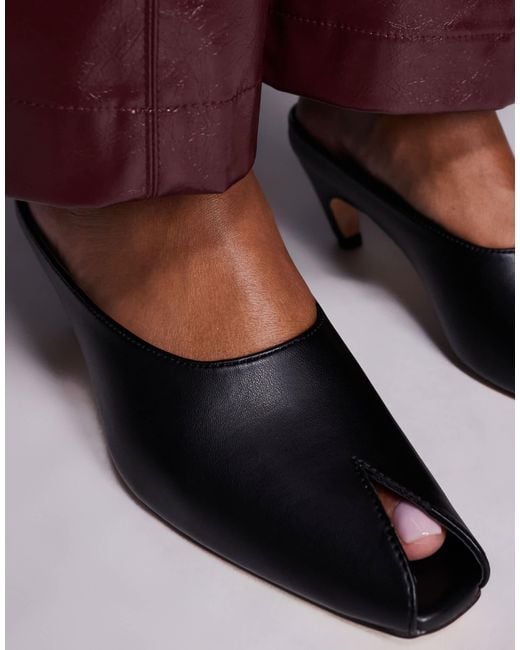 Public Desire Black Reuben Curved Kitten Heel Peep Toe Mules