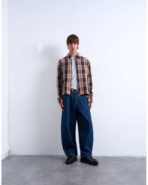 Topman Blue Regular Fit Textured Check Overshirt With Zip for men