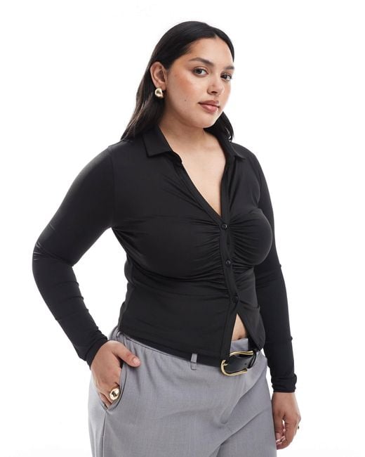 ASOS Black Asos Design Curve Slinky Ruched Fitted Shirt