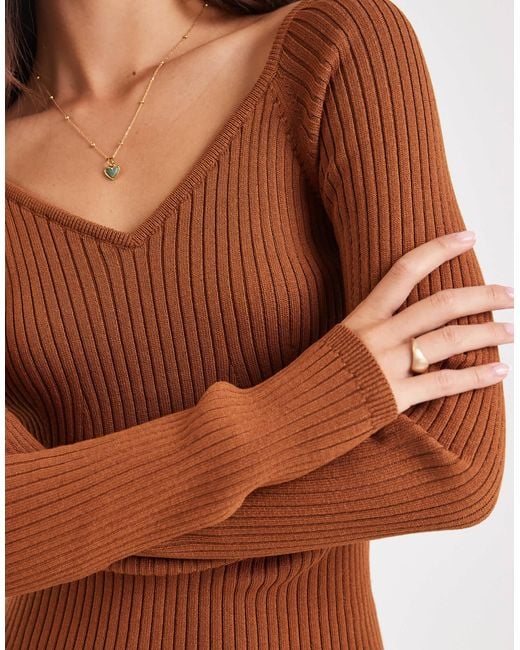 ASOS Brown Knitted Structured V Neck Top