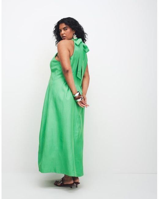 Forever New Green Linen Blend Pleat Detail Halter Neck Midi Dress