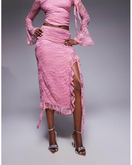 Love Triangle Pink Asymmetric Ruffle Lace Midi Skirt Co-ord