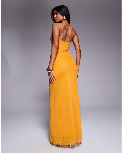 ASOS Blue Asymmetric Double Strap With Trim Detail With Ruching Mesh Maxi Dress