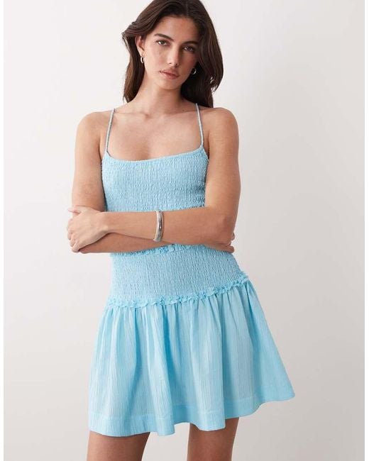 ASOS Blue Crinkle Mini Sundress With Shirred Dropped Waist