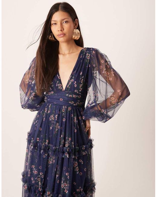 LACE & BEADS Maxi-Jurk Met Diepe V-Hals, Doorschijnende Klokmouwen En Bloemenprint in het Blue