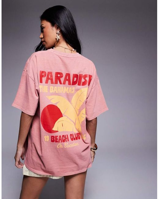 Kaiia Pink Exclusive Cotton Bahamas Contrast Graphic Oversized T-Shirt