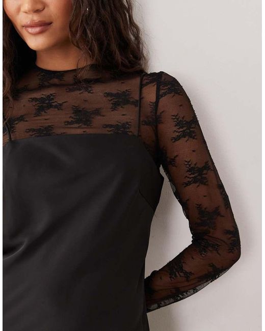 Y.A.S Black Hybrid High Neck Lace Top And Satin Slip Dress