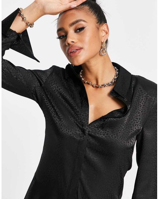 ASOS Black Fluted Sleeve Jacquard Button-through Mini Shirt Dress