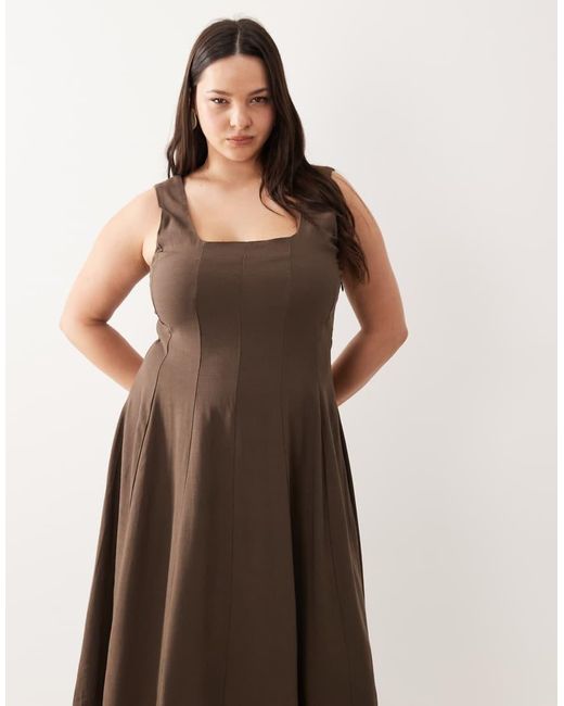 Vila Curve Brown Square Neck Linen-touch Midi Dress