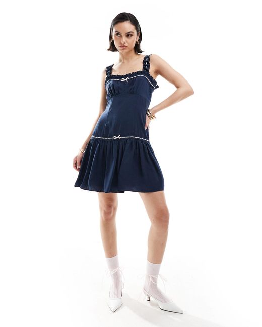ASOS Blue Ribbon Frill Strap Mini Dress With Flippy Hem