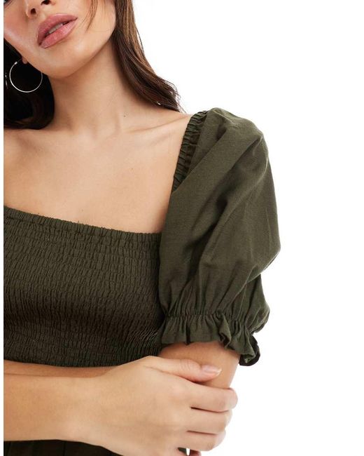 Vestido Midi Caqui De Estilo Mesonera Con Mangas Abullonadas De -Verde New Look de color Green