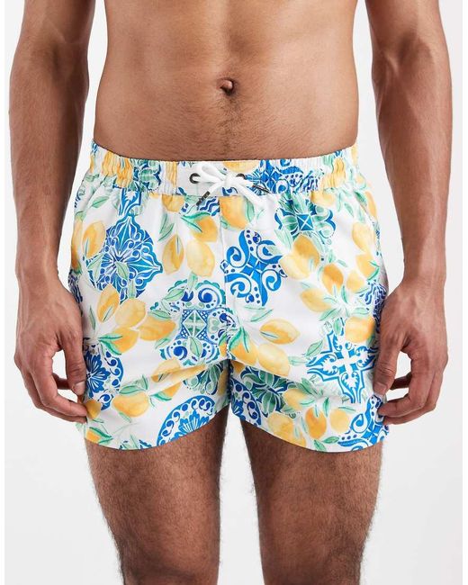Aray White Lemon Print Swim Shorts for men