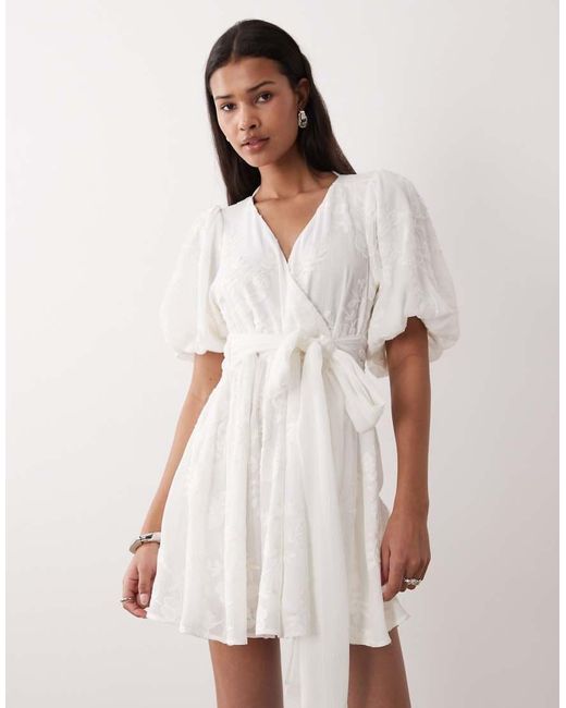 Gina Tricot Natural Embroidered Mini Dress With Puff Sleeves