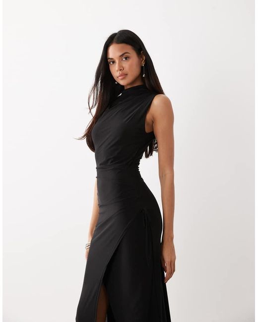Kaiia Black Exclusive Double Layered Slinky High Neck Ruched Side Detail Maxi Dress