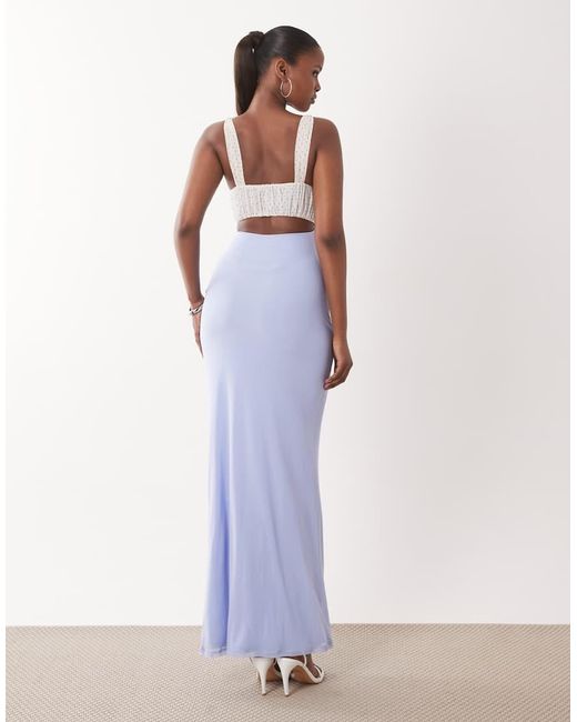 ASOS Blue Mesh Spot Micro Ruched Bust Maxi With Thigh High Split