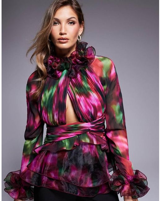 ASOS Multicolor Organza Long Sleeve Exaggerated Ruffle Top