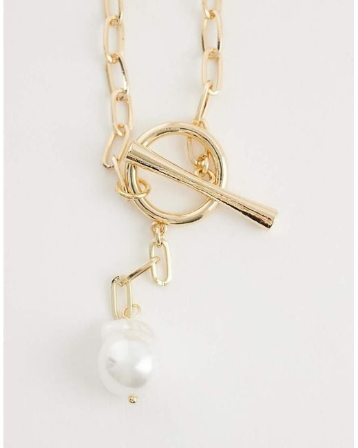 ASOS White Long Lariat Necklace With T-bar Faux Freshwater Pearl