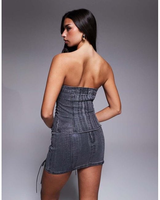 Liquor N Poker Gray Lace Up Pu Coated Denim Corset Co-Ord
