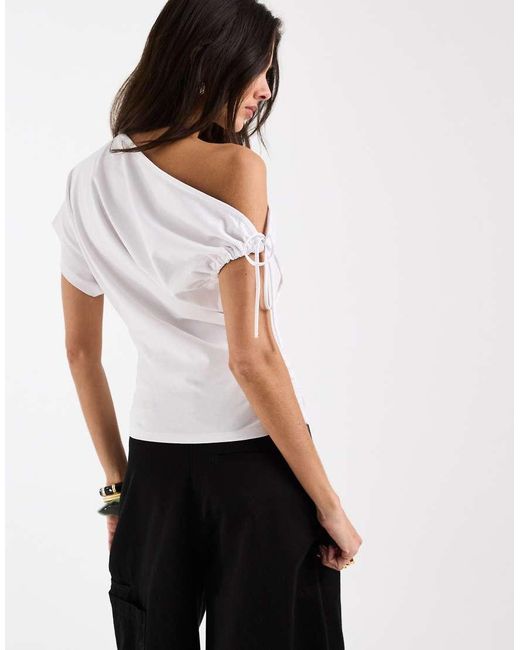 ASOS White Ruched Sleeve Fallen Shoulder Waisted Tee
