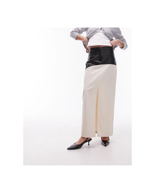 Jupe longue en sergé avec bord contrastant en pu - crème et noir TOPSHOP en coloris White