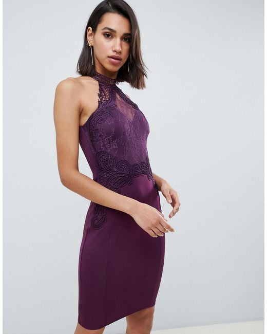 Lipsy Purple – Hochgeschlossenes, figurbetontes Kleid aus Spitze