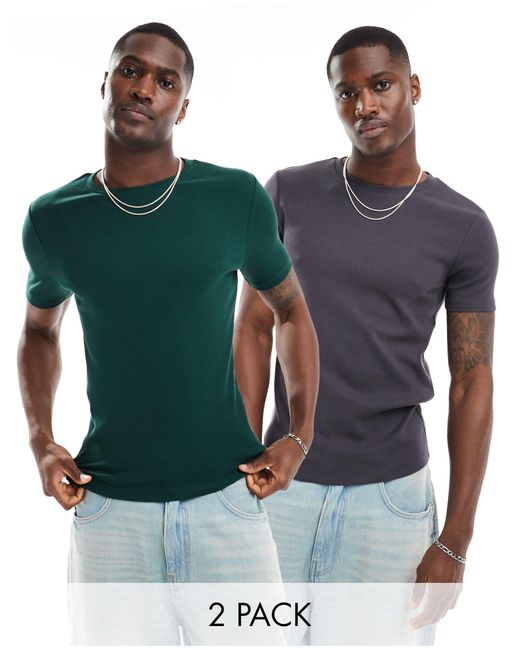 Confezione da 2 t-shirt attillate antracite e verde scuro a coste di ASOS in Blue da Uomo