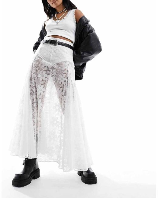 Free People White Lace Full Boho Maxi Skirt