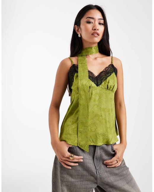 Miss Selfridge Green Jacquard And Lace Cami With Scarf
