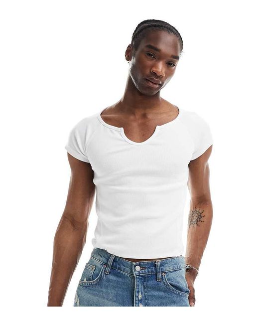 Reclaimed (vintage) White Shrunken Western Ribbed T-Shirt With Notch Neck for men