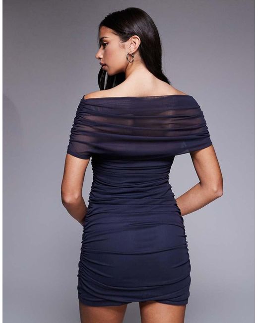 ASOS Blue Draped Shoulders Mesh Mini Dress With Ruching