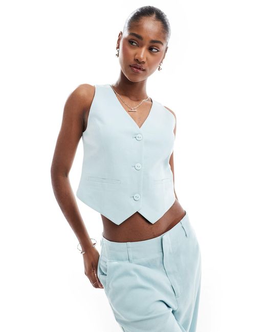 Stradivarius White Co-ord Cropped Linen Look Waist Coat With Open Back