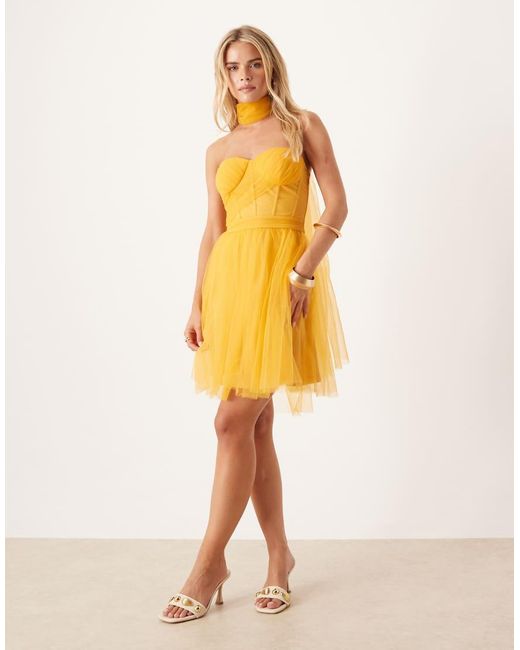 LACE & BEADS Yellow Scarf Neck Corset Tulle Mini Dress