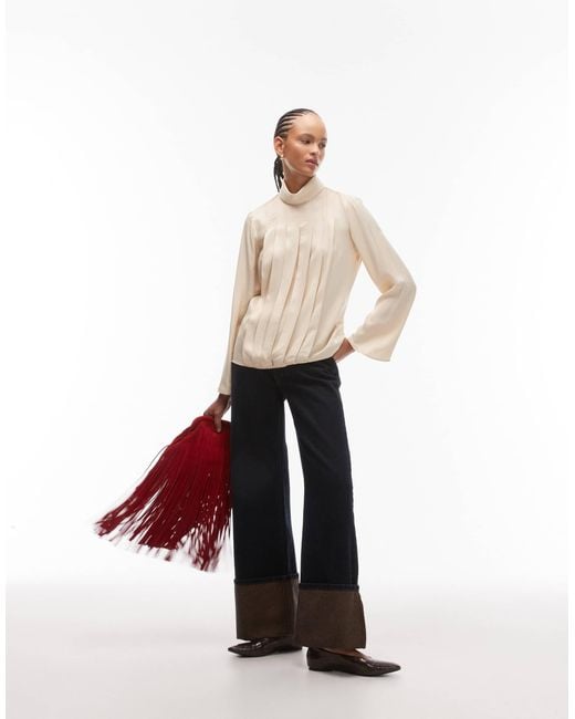 ASOS Natural Funnel Neck Satin Blouse With Pleats