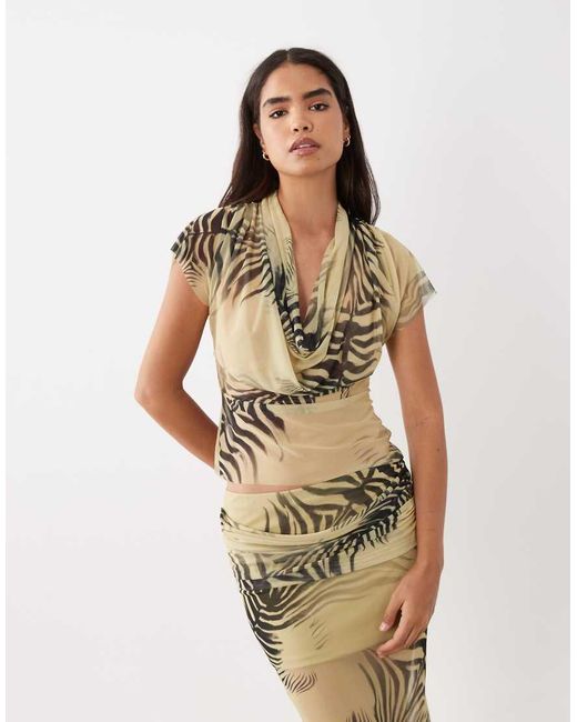 ASOS Natural Printed Mesh Co-ord Cowl Front Top