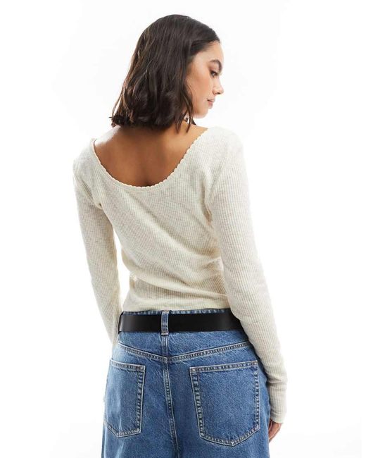 ONLY White Long Sleeve Ribbed Scoop Neck Top