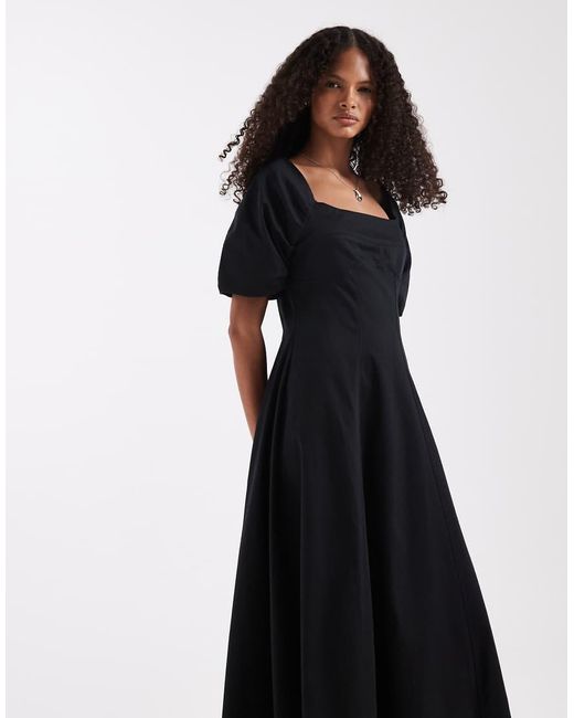 ASOS Black Square Neck Structured Cotton Midi Dress With Back Strap