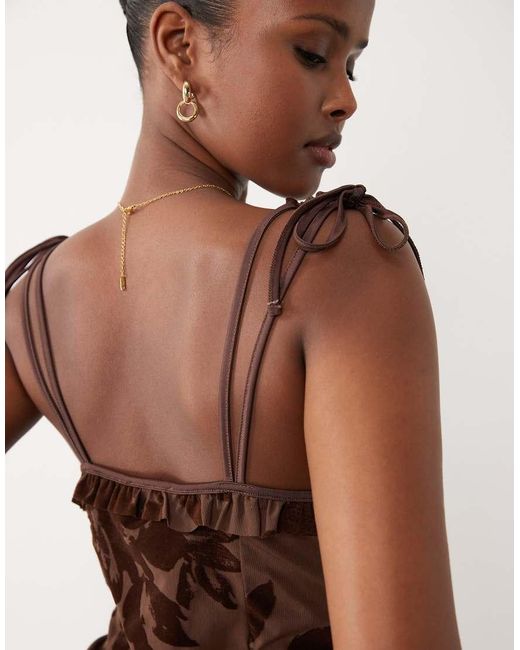 ASOS Brown Flocked Cami Top With Picot Trim And Seam Detail