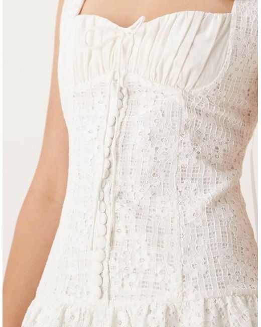 For Love & Lemons Natural Daisy Square Neck Lattice Lace Mini Dress