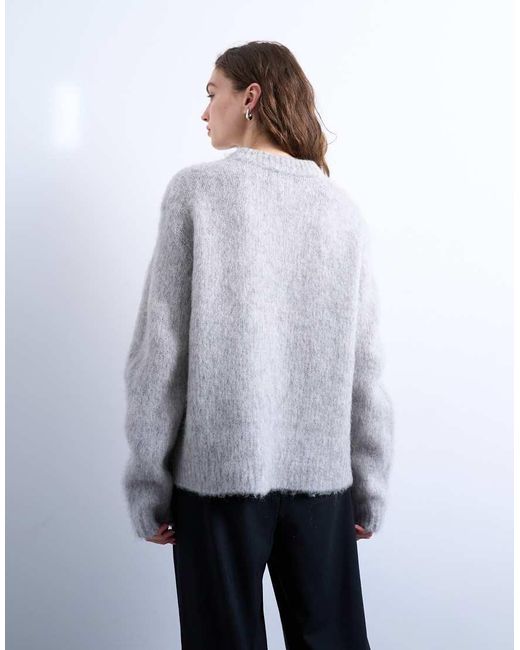 TOPSHOP Pluizig Gebreide Trui Met V-Hals Van Premium Alpacawol in het Gray