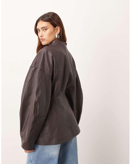 ARRANGE Brown Soft Leather Jacket With Cinched Waist And Ovoid Sleeve