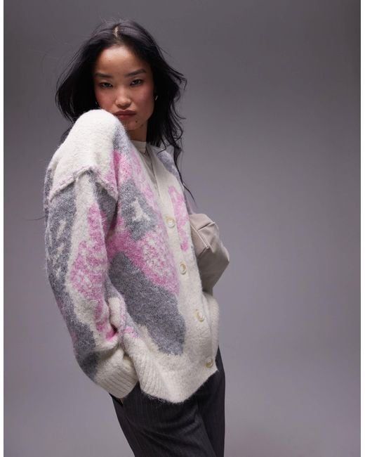 TOPSHOP Women's Purple Knitted Flower Print Oversized Cardi