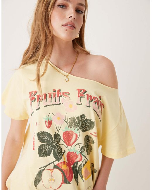 ASOS Natural Oversized Off Shoulder T-shirt With Fruit Graphic