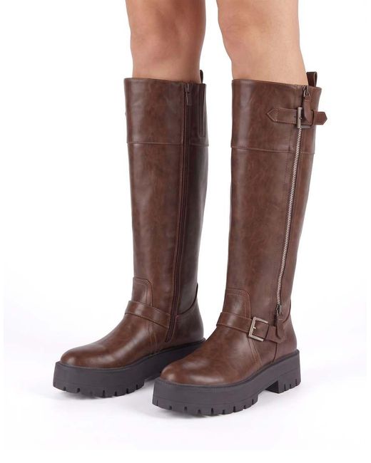 SEQWL Brown Knee High Boots With Zip & Buckle Fastening Casual Shoes