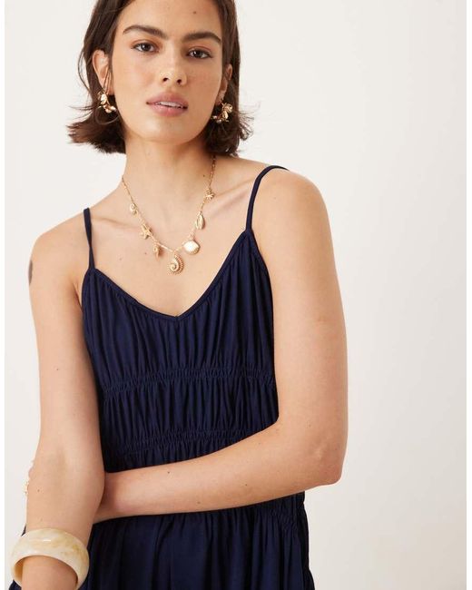 Mango Blue Shirred Strappy Mini Dress