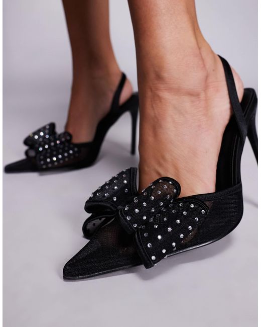 Public Desire Black Trisha Heeled Shoes With Embellished Bow Detail