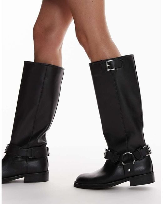 TOPSHOP Black Tee Premium Leather Knee High Biker Boots