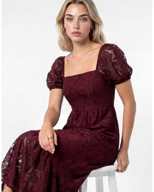 Lovedrobe Red Floral Mesh Lace Square Neck Midaxi Dress